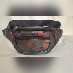 VTG 80s Boho Fanny Pack Waist Bag Colorful Patchwork Leather 5 Pockets Bohemian